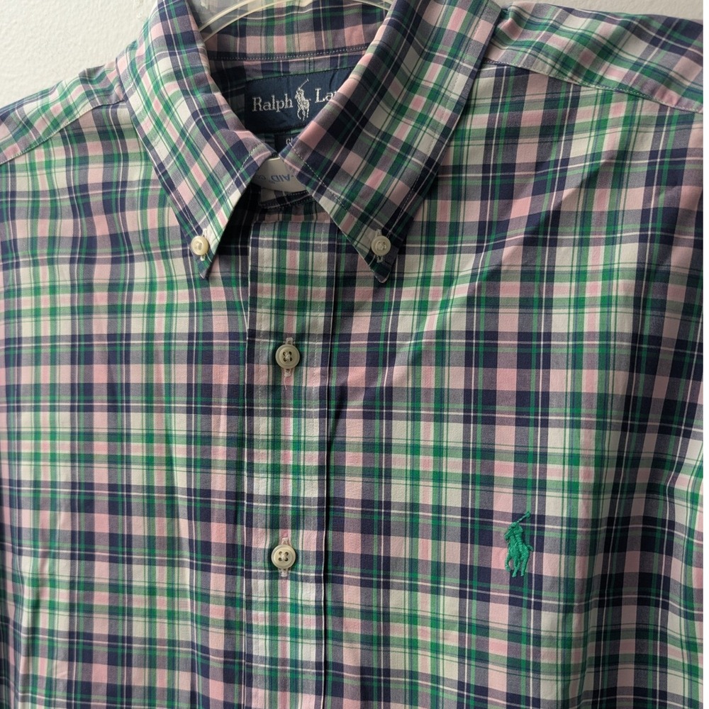 Ralph Lauren Shirt Pink Green Plaid Short Sleeve Classic Fit Sz M Heritage